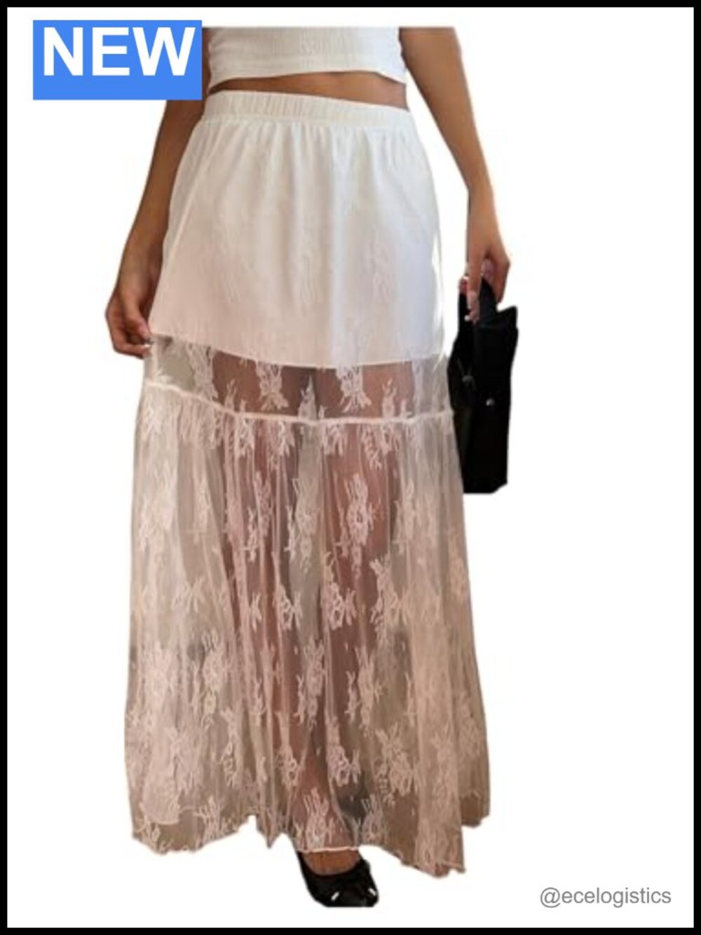 Womens Maxi Skirt Elastic Waist Floral Lace Flared Hem Long Summer Beach Skirt